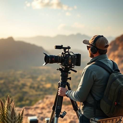 Une √©quipe de tournage filmant un documentaire dans un lieu exotique.